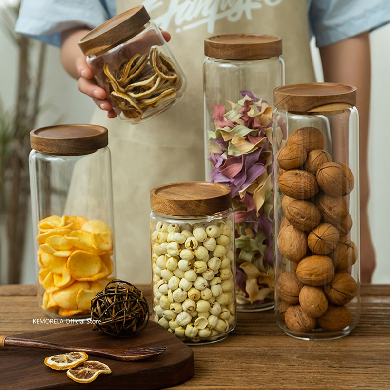 Coffee Tea Canister Set - Ahşap Kapaklı Cam Hava Geçirmez Teneke