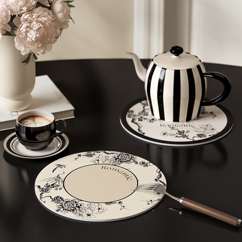 T And Tea Coffee - Coaster için yuvarlak deri Placemat, siyah